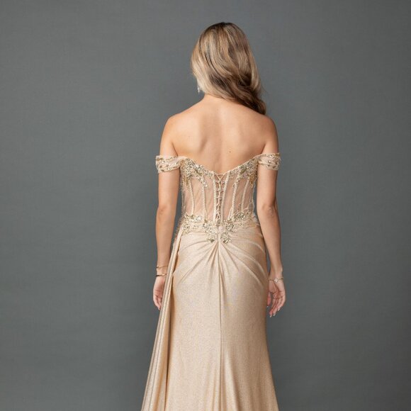 New Off The Shoulder Beds Embellished Maxi Prom Gown w/ Lace up Back DQ 4535 - Picture 6 of 8